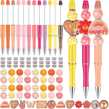 Geyee 12 Set Plastic Beadable Pens Assorted Bead Pens Crystal Wood Round Spacer Set Black Ink DIY Ballpoint for Women Men Gift Office Supplies(Groovy)