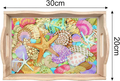 DIY Diamond Art Wooden Tray Kit With Handle, Painted Table Decoration for Breakfast, Bar Dinner, Gem Painting Art Set for Beginners (#08-Starfish Shell)