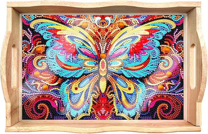 DIY Art Painting Wooden Tray Kit, Food Tray with Handle Diamond Painted Table Decoration Tray, for Breakfast, Bar Dinner Table Diamond Dots Gem Painting Art Set for Beginners (#28-Butterfly)