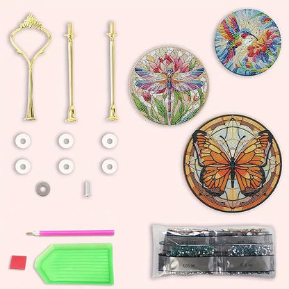 Three-Tier Diamond Painting Wooden Cake Stand DIY Sunflower Diamond Painting Cupcake Towel-Lined Tiered Tray Reusable Pastry Stand (Butterfly)