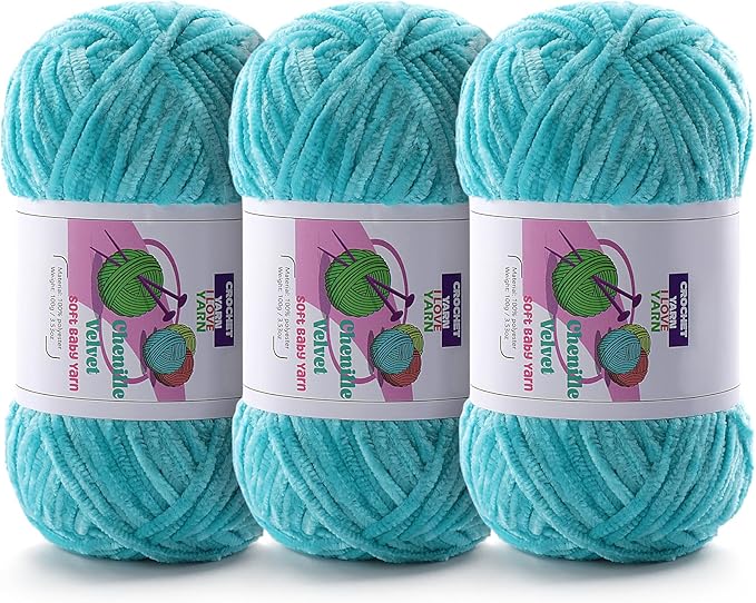 3 Skeins Soft Fluffy Velvet Yarn, Chenille Chunky Yarn for Hand Knitting and Crocheting DIY Craft, Amigurumi Crochet Yarn（3×196.8yds, 3×3.5oz） (Lake Blue)