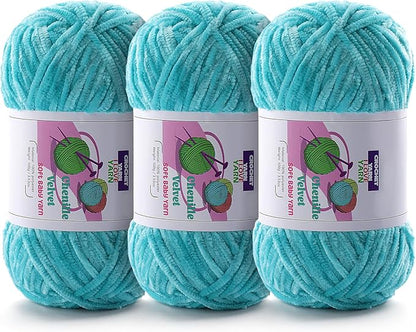 3 Skeins Soft Fluffy Velvet Yarn, Chenille Chunky Yarn for Hand Knitting and Crocheting DIY Craft, Amigurumi Crochet Yarn（3×196.8yds, 3×3.5oz） (Lake Blue)