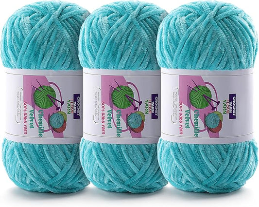 3 Skeins Soft Fluffy Velvet Yarn, Chenille Chunky Yarn for Hand Knitting and Crocheting DIY Craft, Amigurumi Crochet Yarn（3×196.8yds, 3×3.5oz） (Lake Blue)