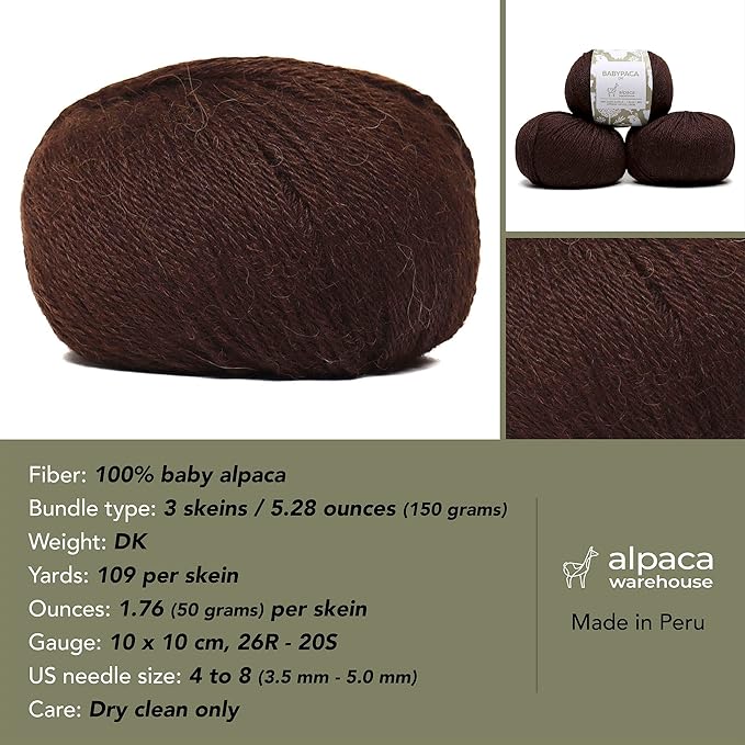 100% Baby Alpaca Yarn Wool Set of 3 Skeins (150 Grams) DK Weight - Made in Peru - Heavenly Soft and Perfect for Knitting and Crocheting (Dark Brown, DK)