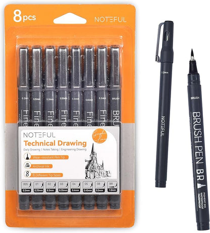 NOTEFUL Fineliner Pens - Black Micro Pens for Writing, Drawing & Journaling – Archival Waterproof Ink – Precision Art Pens for Sketching, Outlining & Detailing (1 Count (Pack of 8))