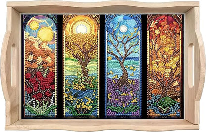 DoxQcs DIY Diamond Art Wooden Tray Kit Easter Food Tray with Handle Diamond Painted Table Decoration Tray for Breakfast Bar Dinner Table Diamond Art Painting for Beginners-#15-Four Seasons Scenery