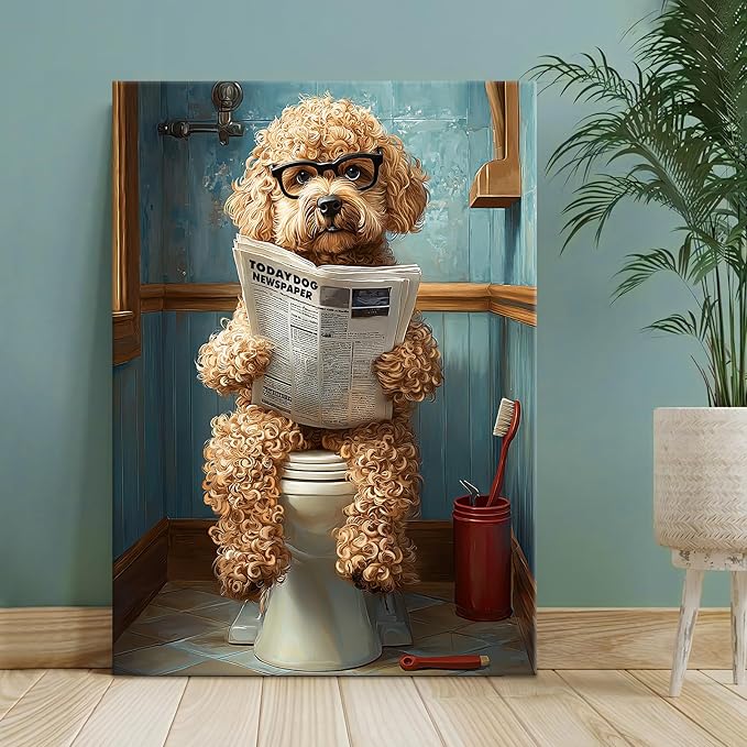 WENGTIAO Funny Dog Framed Canvas Wall Art Brown Poodle On Toilet Reading Newspaper Print Poster Humor Animal Bathroom Painting Pictures Dog Lovers Restroom Artwork for Home Washroom 16x24in