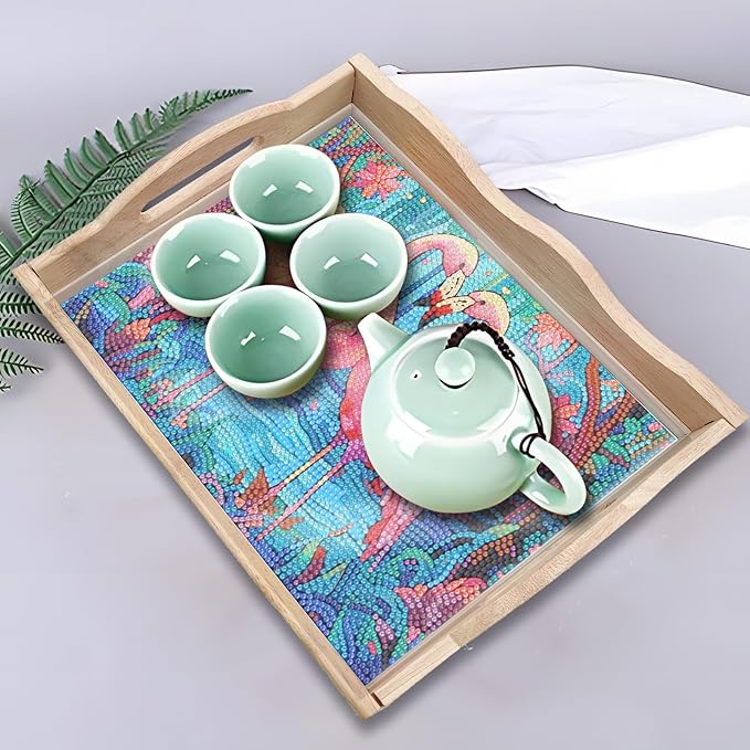 DIY Diamond Art Wooden Tray Kit With Handle, Food Tray for Breakfast, Bar Dinner Table Decoration, Diamond Dots Gem Painting Art Set for Beginners-#27-Flamingo