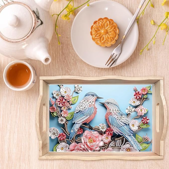 DIY Diamond Art Wooden Tray Kit, Food Tray with Handle Diamond Painted Table Decoration Tray, for Breakfast, Bar Dinner Table Diamond Dots Gem Painting Art Set for Beginners-#40-Bird Flower