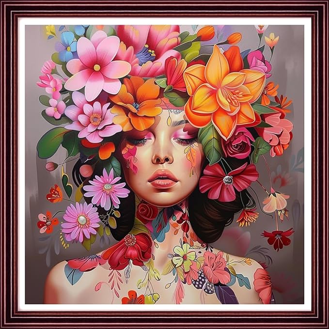 DMCCRAFT Stamped Cross Stitch Kits for Adults 11CT Printed Cross-Stitch Patterns Embroidery Kits Easy Cross Stitching Needlepoint Kits Crossstitch-Beautiful Flower Girl 18x18 inch