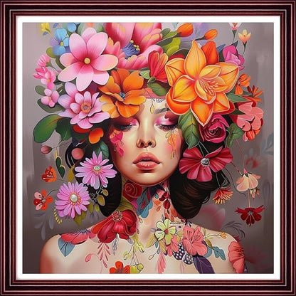 DMCCRAFT Stamped Cross Stitch Kits for Adults 11CT Printed Cross-Stitch Patterns Embroidery Kits Easy Cross Stitching Needlepoint Kits Crossstitch-Beautiful Flower Girl 18x18 inch