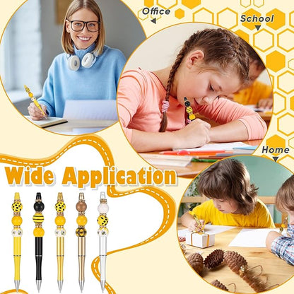 Geyee 12 Set Plastic Beadable Pens Assorted Bead Pens Crystal Wood Round Spacer Set Black Ink DIY Ballpoint for Women Men Gift Office Supplies(Bee)