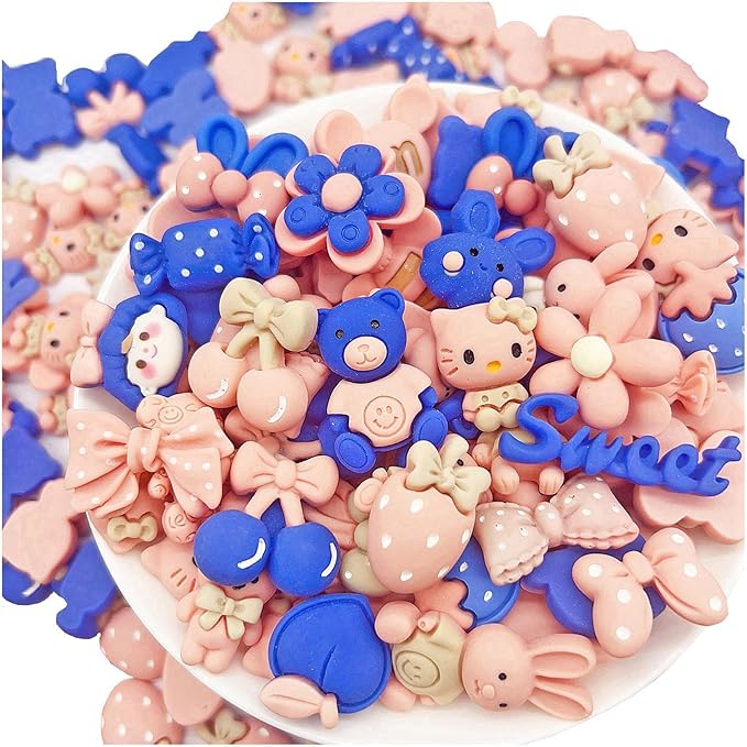 50 Pcs Flatback Cute Resin Slime Charms Bulk for Crafts, Flat Back Mixed Charms for Slime, Slime Charm Bulk for DIY Art Craft Making Kit (Blue Pink)