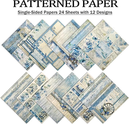 Scrapbook Paper,24 Sheets 5.8x5.8 Inch Vintage Bule Style Scrapbook Supplies,Single-Sided Vivid Origami Decoupage Paper for DIY Crafts, Card Making, Art Journaling