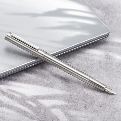 Hongdian 1861 Stainless Steel Fountain Pen Bent Nib, Classic Design Smooth Writing Pen with Converter and Metal Pen Case Set