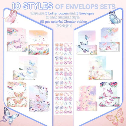 TaoBary 160 Pcs Stationery Paper Set 50 Double Sided Stationery Papers with 50 Matching Envelopes and 60 Round Dot Sticker, 10 Design(Watercolor Butterfly,8.5 x 11 Inch)