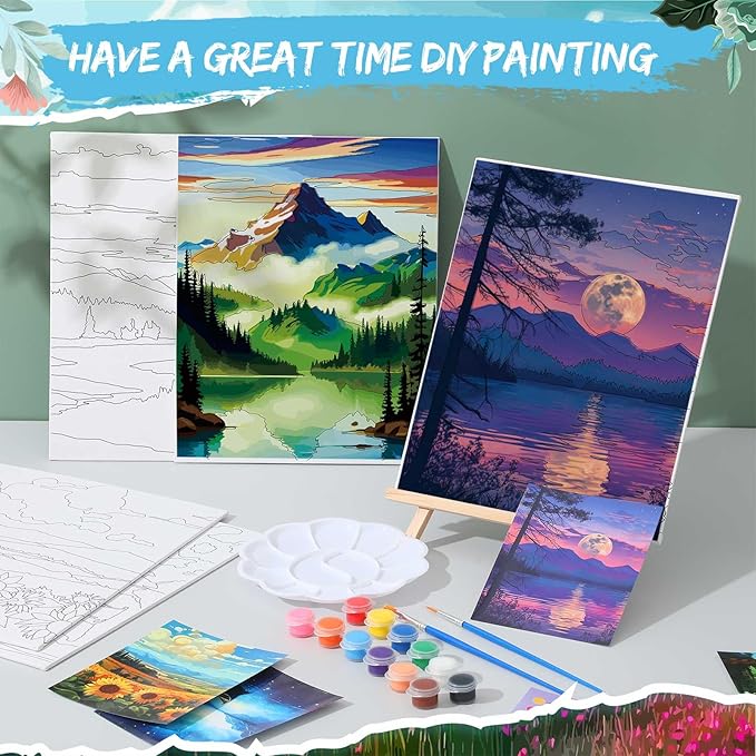 Tenceur 16 Sets Pre Drawn Canvas to Paint for Sip and Paint Party, 8 x 10 Inch Preprinted Framed Pre Sketched Coloring Canvas with Easels and Brushes for Adults Party Supplies(Landscape)