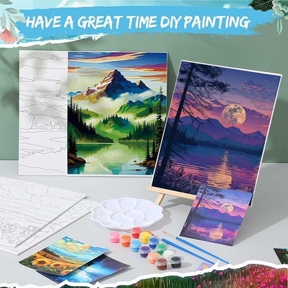 Tenceur 16 Sets Pre Drawn Canvas to Paint for Sip and Paint Party, 8 x 10 Inch Preprinted Framed Pre Sketched Coloring Canvas with Easels and Brushes for Adults Party Supplies(Landscape)