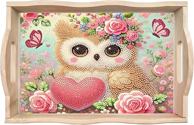 DoxQcs DIY Diamond Art Wooden Tray Kit Easter Food Tray with Handle Diamond Painted Table Decoration Tray for Breakfast Bar Dinner Table Diamond Art Painting for Beginners-#03-Owl