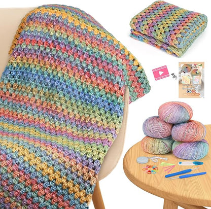 Aeelike Blanket Crochet Kit for Beginners, Super Easy Crochet Blanket Kit with Soft & Colorful Gradient Yarns Detailed Video Tutorials Crocheting Accessories, Rainbow Gradient & Ideal Gift