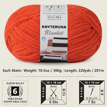 #6 Super Bulky Blanket Yarn for Crocheting - 4 Skeins(Each 10.5oz/300g, 220yds/201m), Chunky Chenille Thick Plush Big Soft Yarn for Crocheting Knitting Blankets, Solar Orange