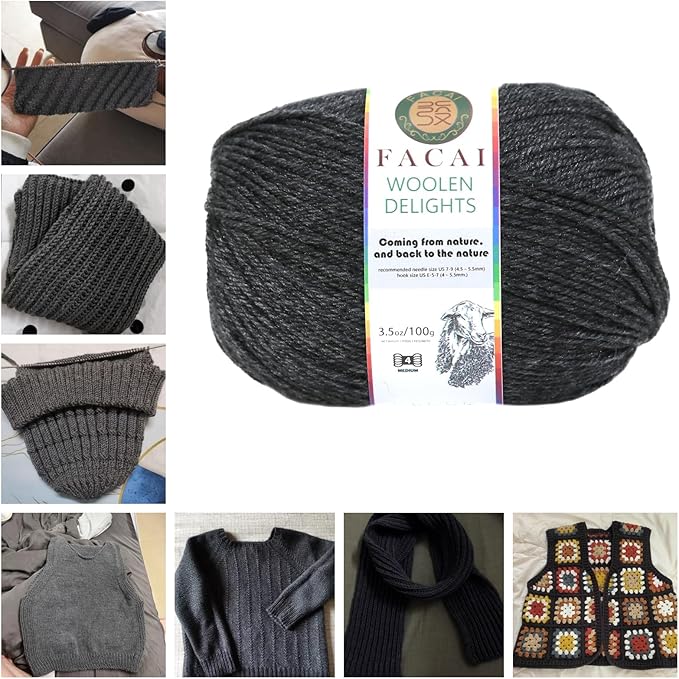 Facai Blend Merino Wool Yarn for Knitting - Worsted Weight,197yds (3.5oz) Ball, Ideal for Sweaters, Scarves, and Accessories (3, Dark Hemp Grey)