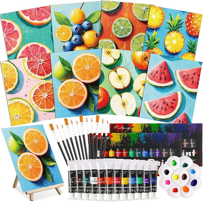 Cholemy 36 Pcs Valentine Paint and Sip Kit for Adults 8''x10'' Pre Drawn Canvas for Painting DIY Afro Acrylic Painting Kit Wood Easel Brushes Date Night Bulk for Party Gifts(Colorful Fruits)