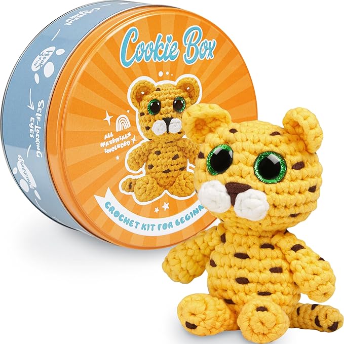 Cookie Box Crochet Kit for Beginners – Gift Set to Make Leopard Leo Amigurumi Plushie – Easy DIY Crochet & Knitting Starter Kit with Video and PDF Tutorials