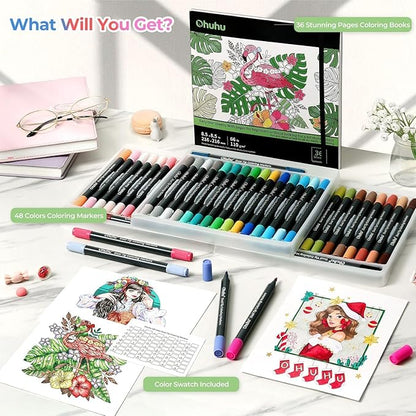 Ohuhu Markers Brush Tip 48-colors with 36-sheet Coloring Book - Double Tipped Markers for Adults Coloring Books - Art Marker Set Bundles with 100% Bleed-proof Pages - Fine & Brush Dual Tips
