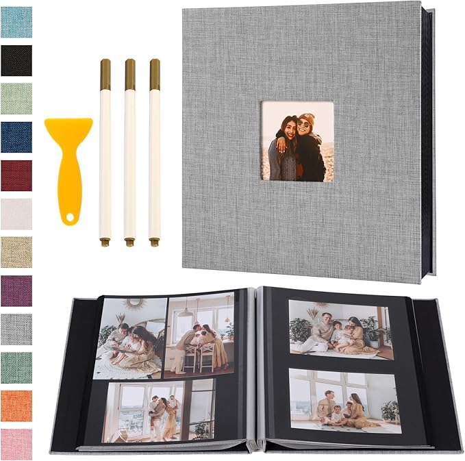 Self Adhesive Photo Album Black Pages Scrapbook Magnetic Photo Albums for 4x6 5x7 8x10 Pictures Books with Sticky Pages with A Metallic Pen for Baby Family Wedding 13.2x12.8 Grey 120 Pages
