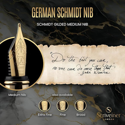 Scriveiner Luxury Fountain Pen - Stunning Black Lacquer Pen, Real Gold Finish, Schmidt Gilded Nib (Medium), Converter, Best Pen Gift Set for Men & Women, Professional, Executive, Office, Nice Pens