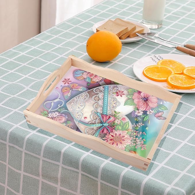 JZHYOAN Diamond DIY Painting Trays, Art Fruit Platters Cheese Platter Board Diamond Painting Table Home Decoration, Special Creative Design, Large Serving Platte for Adults-Flower