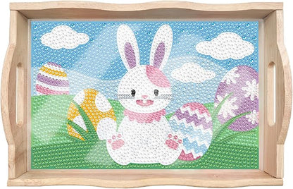 DIY Art Painting Wooden Tray Kit With Handle, Diamond Painted Table Decoration for Breakfast, Bar Dinner Table, Diamond Dots Gem Painting Art Set for Beginners (#33-Easter Bunny)