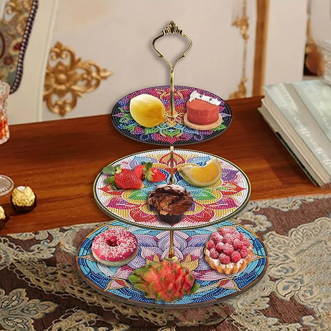 Three-Tier Diamond Painting Wooden Cake Stand DIY Sunflower Diamond Painting Cupcake Towel-Lined Tiered Tray Reusable Pastry Stand (Datura Flower)