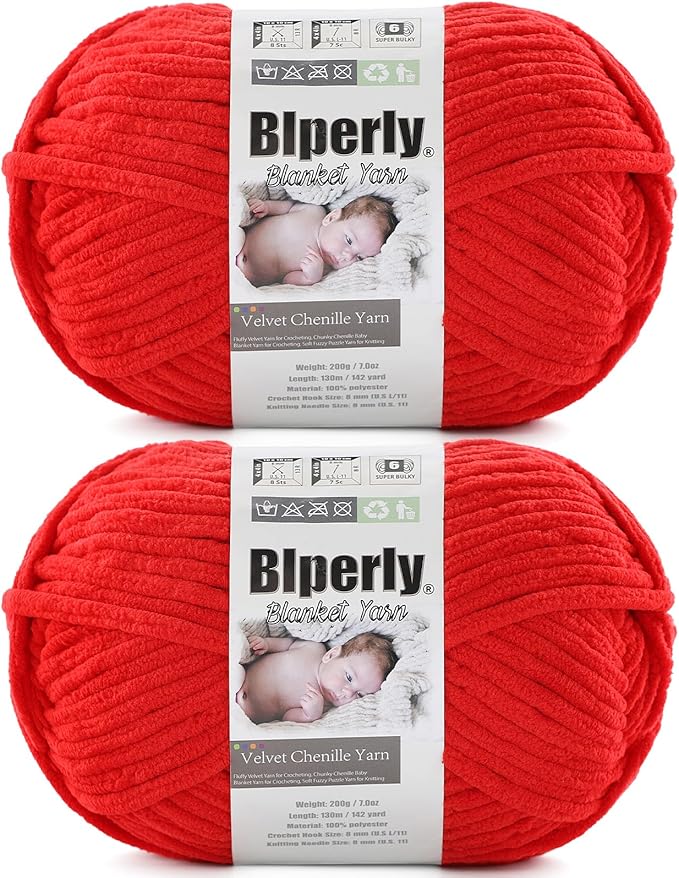 6 Super Bulky Velvet Chenille Yarn for Crocheting - 2 Skein of 200g/7 oz - Ultra Soft Heavy Weight Chunky Knitting Yarn for Baby Blankets, Amigurumi, Home Decor（Bright Red，2 Skein）
