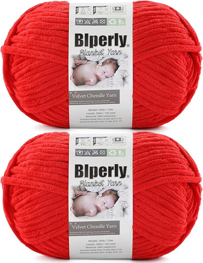 6 Super Bulky Velvet Chenille Yarn for Crocheting - 2 Skein of 200g/7 oz - Ultra Soft Heavy Weight Chunky Knitting Yarn for Baby Blankets, Amigurumi, Home Decor（Bright Red，2 Skein）