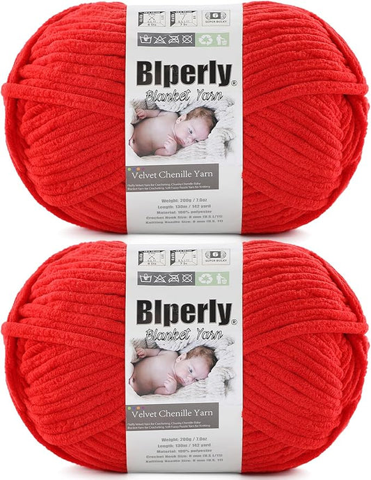 6 Super Bulky Velvet Chenille Yarn for Crocheting - 2 Skein of 200g/7 oz - Ultra Soft Heavy Weight Chunky Knitting Yarn for Baby Blankets, Amigurumi, Home Decor（Bright Red，2 Skein）