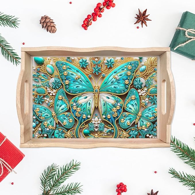 DIY Diamond Art Wooden Tray Kit, Food Tray with Handle Diamond Painted Table Decoration, for Breakfast, Bar Dinner Table Dots Gem Painting Art Set for Beginners - Butterfly