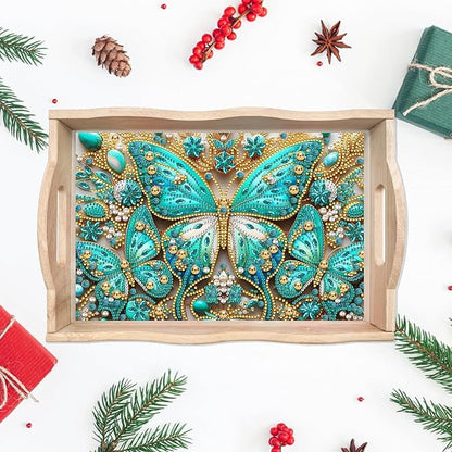 DIY Diamond Art Wooden Tray Kit, Food Tray with Handle Diamond Painted Table Decoration, for Breakfast, Bar Dinner Table Dots Gem Painting Art Set for Beginners - Butterfly