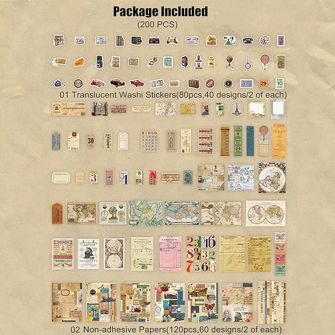 Esweny 200 Pieces Vintage Ephemera Scrapbooking Supplies Pack for Journaling, Decoupage Paper Scrapbook Stickers Kit for Junk Journal Planners Collage Craft Notebooks Album (Word Memory)