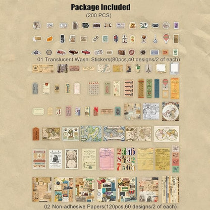 Esweny 200 Pieces Vintage Ephemera Scrapbooking Supplies Pack for Journaling, Decoupage Paper Scrapbook Stickers Kit for Junk Journal Planners Collage Craft Notebooks Album (Word Memory)
