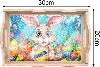 DIY Art Painting Wooden Tray Kit With Handle, Diamond Painted Table Decoration for Breakfast, Bar Dinner Table, Diamond Dots Gem Painting Art Set for Beginners (#35-Easter Bunny)