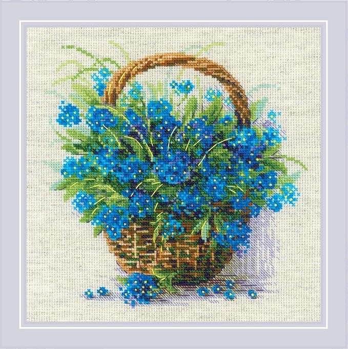 RIOLIS - Forget Me Nots in a Basket 2170, Cross Stitch Kits 8¾" x 8¾", Cross Stitch Kits for Adults, Floral Counted Cross Stitch Kits, Embroidery Kit for Beginners & Advanced, Crossstitching Kits