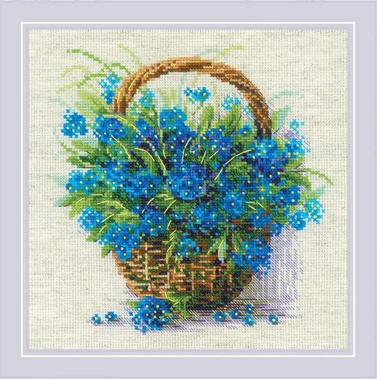 RIOLIS - Forget Me Nots in a Basket 2170, Cross Stitch Kits 8¾" x 8¾", Cross Stitch Kits for Adults, Floral Counted Cross Stitch Kits, Embroidery Kit for Beginners & Advanced, Crossstitching Kits
