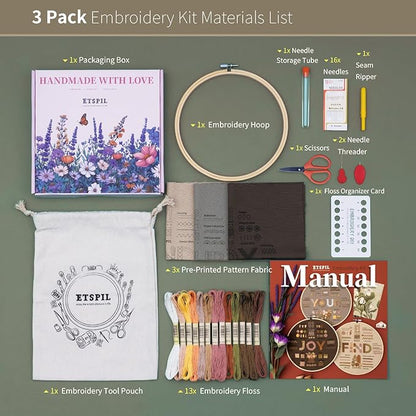 ETSPIL Find Your Joy Beginner Embroidery Kit,3 Pack DIY Starter Kits for Adults with 42 Stitch, Stamped Patterns, Floral Designs, Embroidery Hoop, Colorful Floss, Video Tutorials, and Storage Bag