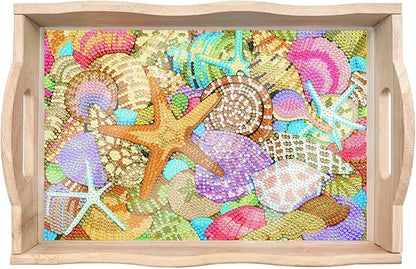 DIY Diamond Art Wooden Tray Kit With Handle, Painted Table Decoration for Breakfast, Bar Dinner, Gem Painting Art Set for Beginners (#08-Starfish Shell)