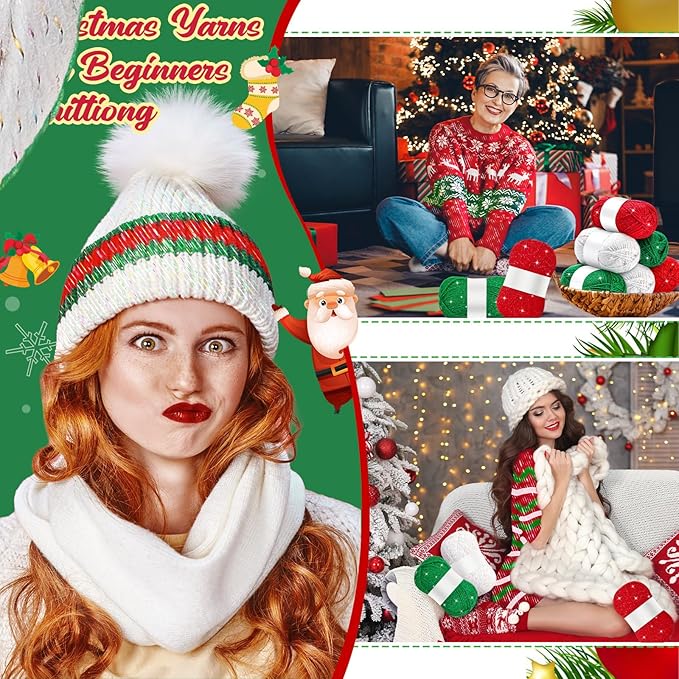 Timgle 3 Pcs Skeins Christmas Yarn for Crocheting 186 Yard Christmas Glitter Yarn Soft Each 100g/ 3.53 oz Knitting Crocheting Gift Craft Project Assorted Starter (Red Green White)