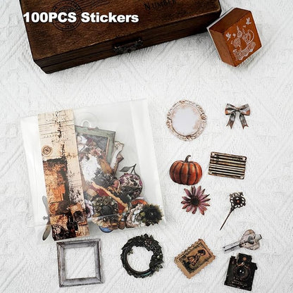 AuriicLeaf Retro Journal Sticker Set, 100PCS Vintage Precut Designs Featuring Florals, Keys, Frames, Butterflies and Ephemera Elements for Scrapbook and Collage Art