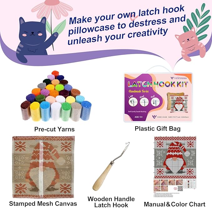 veirousa Robin Bird Latch Hook Kit for Adults, Beginners Latch Hook Pillow Kits, Pre-Printed Latch Hook Rug Kits Cross-Stitch Embroidery Cushion for Home Sofa Decoration 17x17 Inch