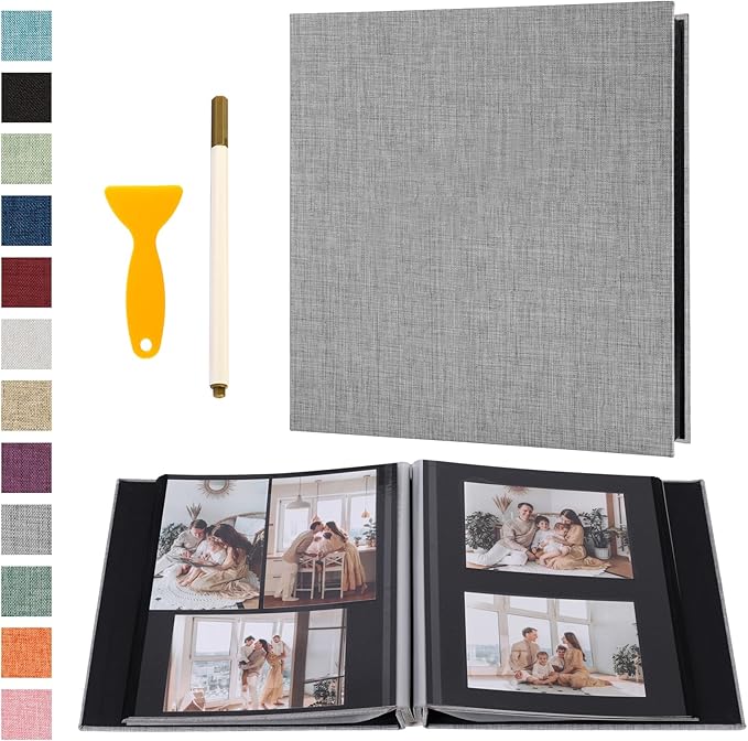 Photo Album Self Adhesive Pages Black Sticky Pages Large Scrapbook Linen Cover for 4x6 5x7 8x10 Pictures Album de Fotos Wedding Couples Baby Family Memory Book, 13.2x12.8 Grey 40 Pages